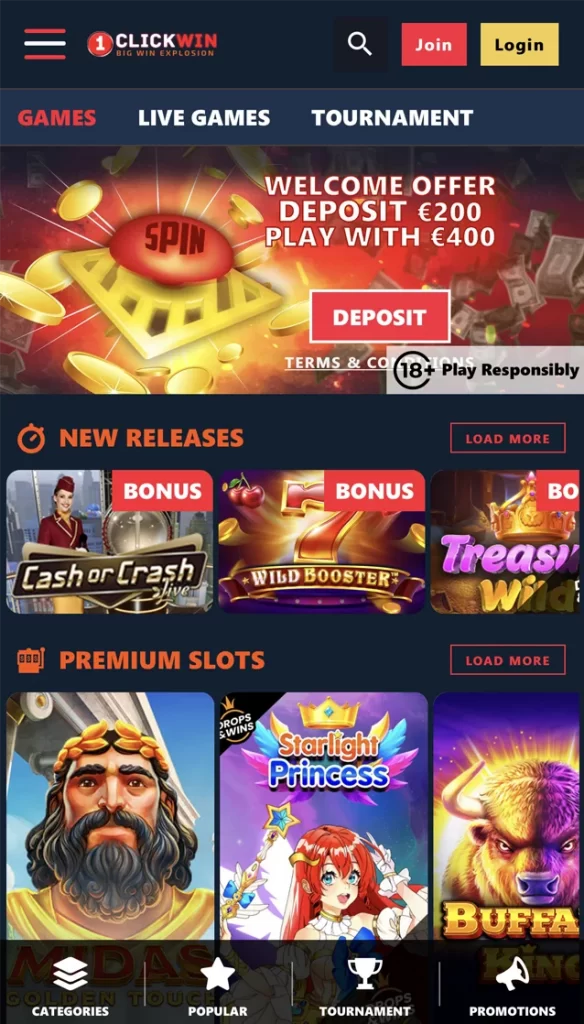 1ClickWin Sie auf die Homepage des mobilen Casinos