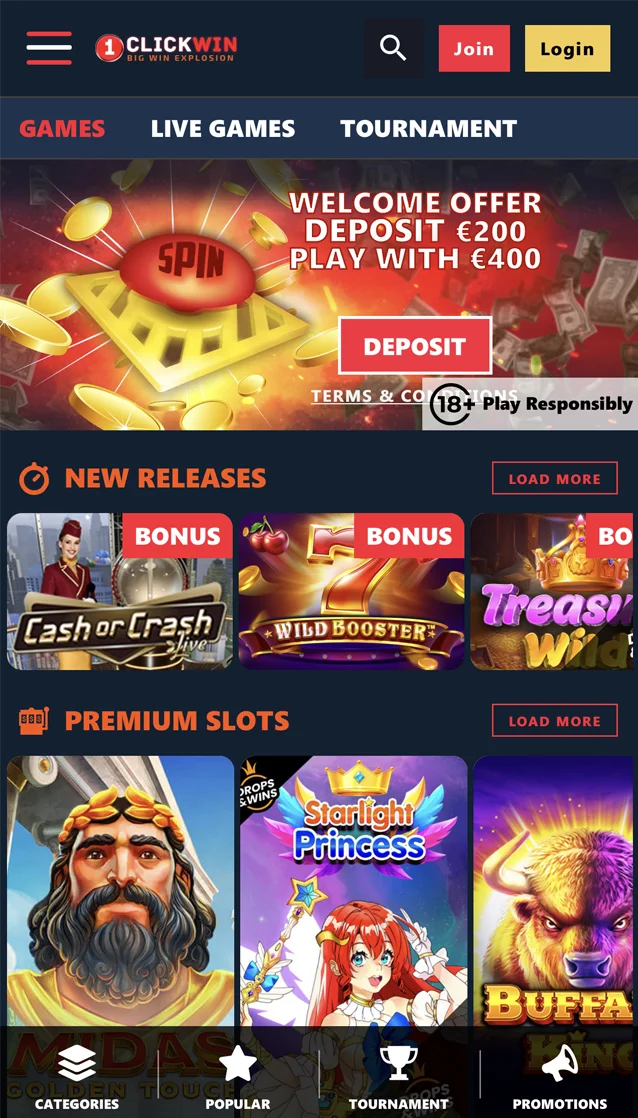 1Click Mobile Casino Home Page