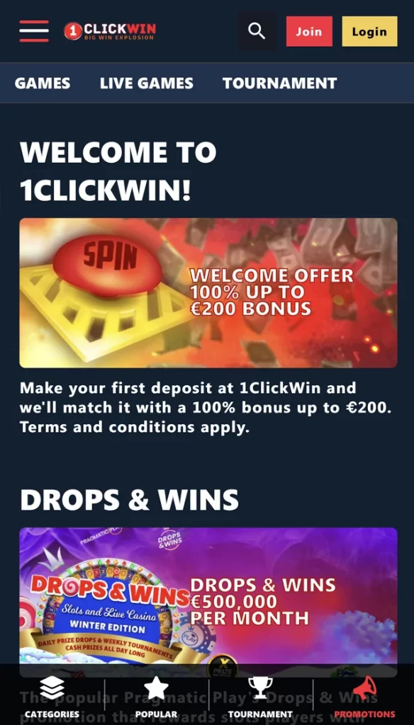 1ClickWin Mobile Casino Promotionsseite