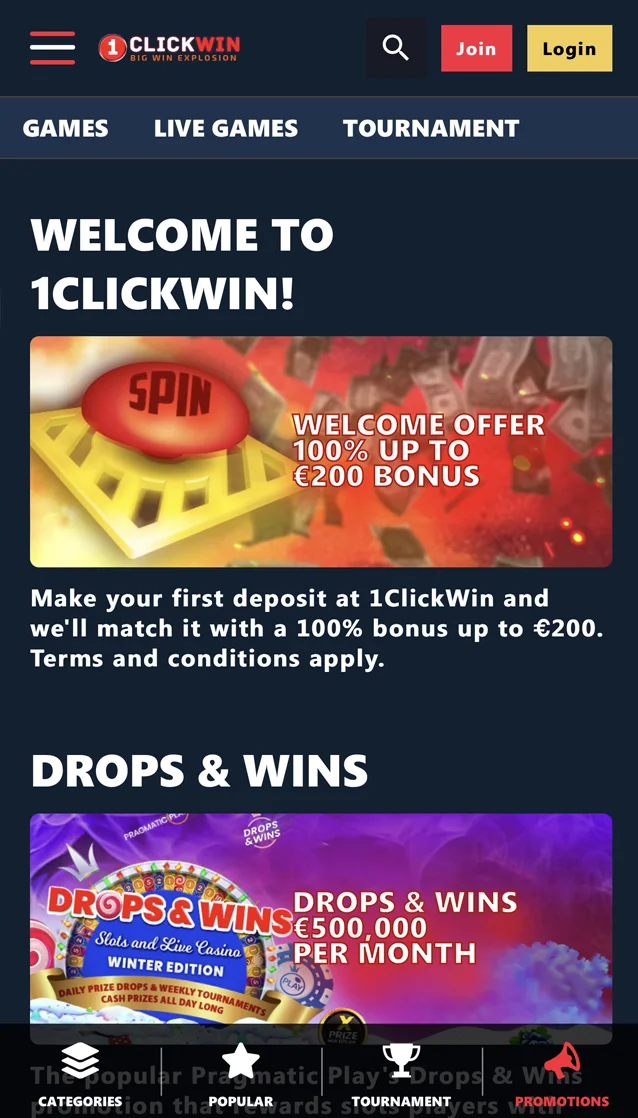 1ClickWin Mobile Casino Promotions Page