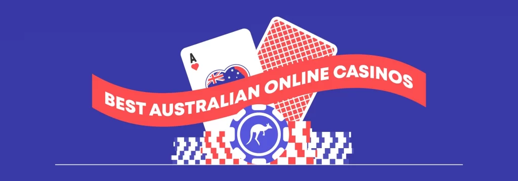 The playing cards bear the inscription in white "Best Australian Online Casinos" in a red frame. Below there are chips with a kangaroo pattern painted in the colors of the national flag of Australia