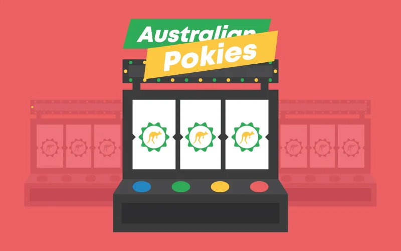 Slot machine with the inscription Australian Pokies in white font. The general background of the image is red.
