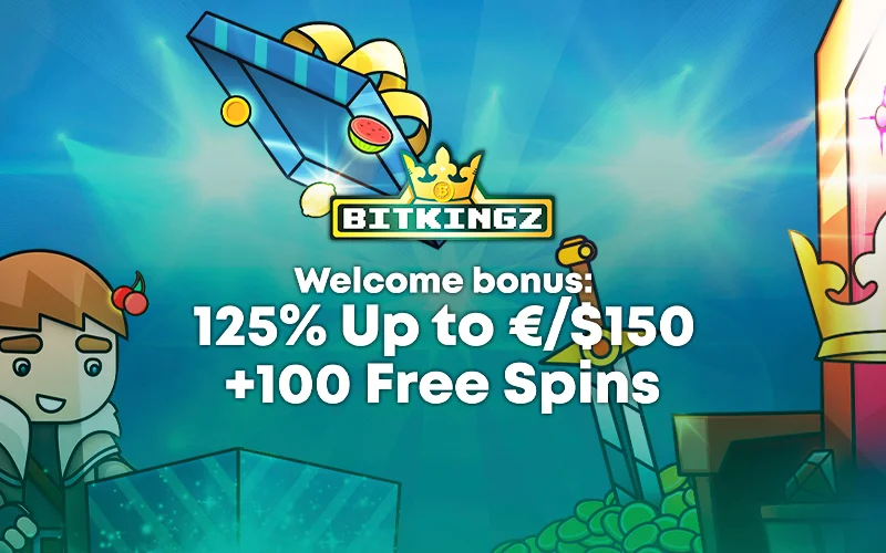 Description of the bitkingz casino bonus on the background of cartoon characters