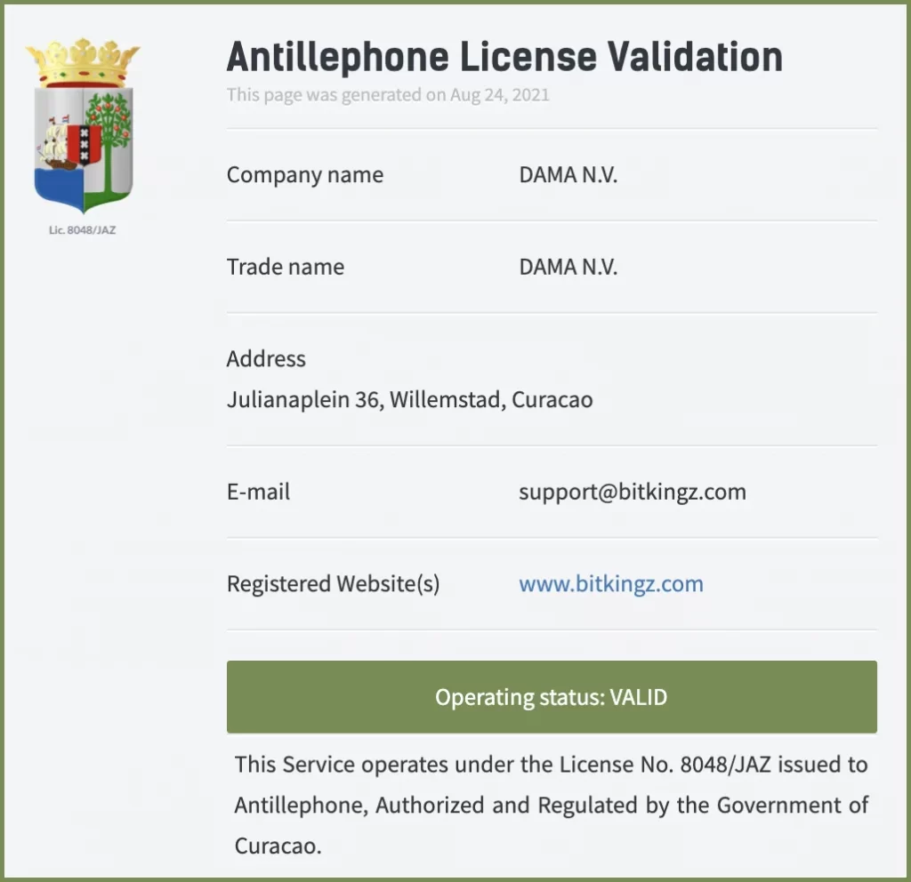 Bitkingz Curacao License Validation
