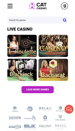 Catcasino Live Casino page