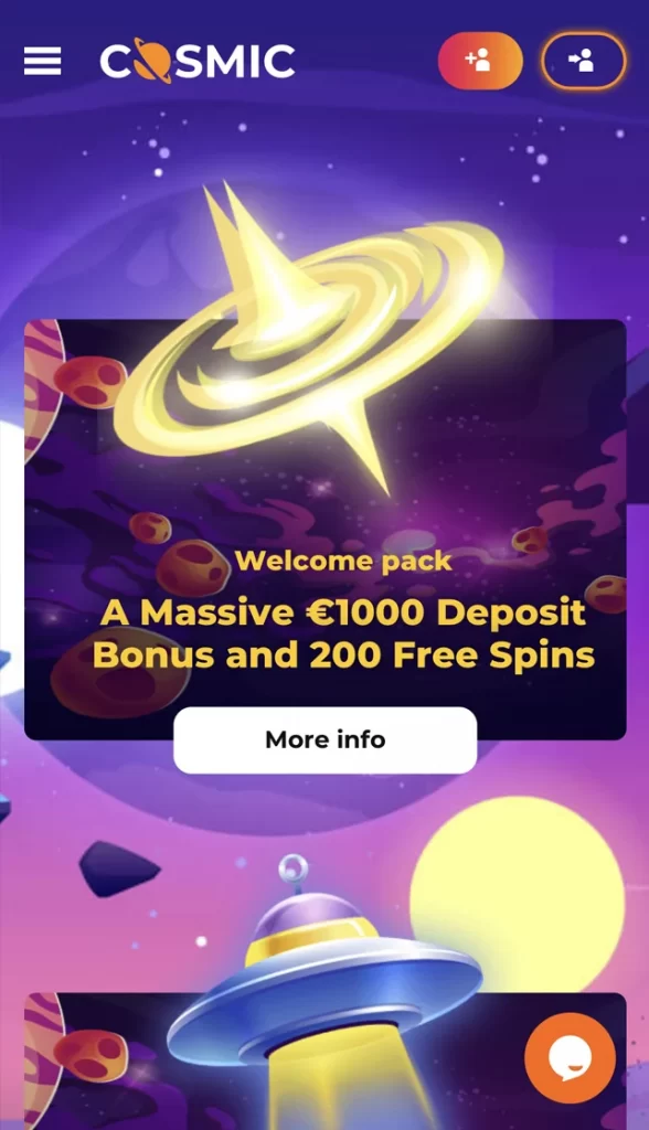 Cosmic Slot Online Casino Mobile Version Bonuses Page