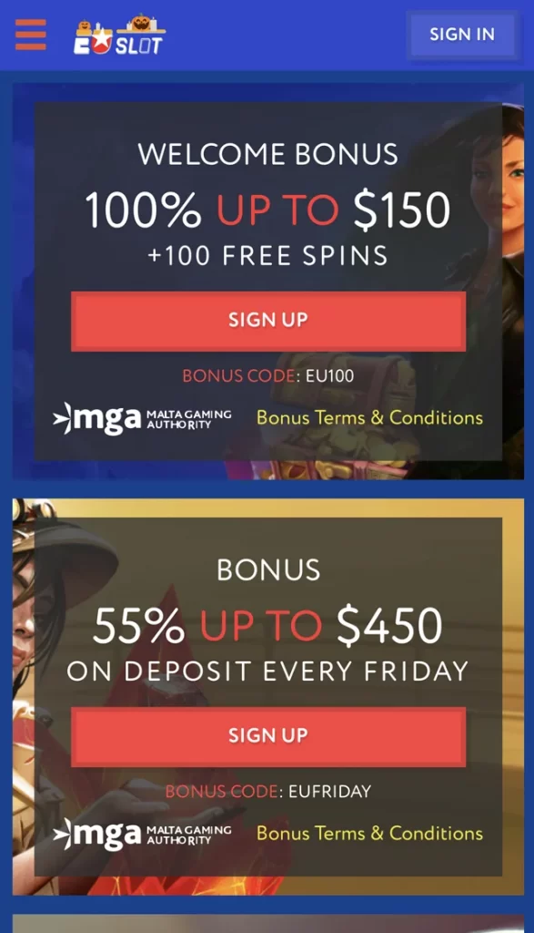 Mobile Version Bonuses and Promotions Page