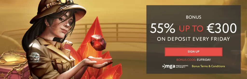 Euslot Casino - 55% up to 300 EUR on Deposit Every Friday