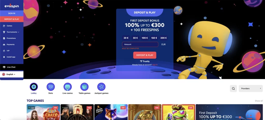 Evospin Online Casino Features and space design