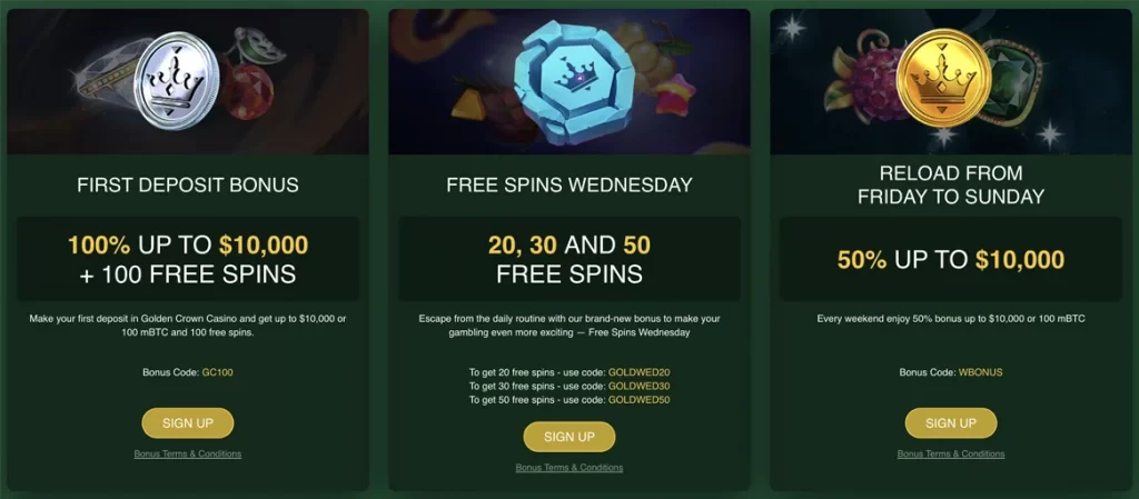 Golden Crown Casino Promotions: Free Spins Wednesday, Reload from Friday to Sunday and First Deposit Bonus