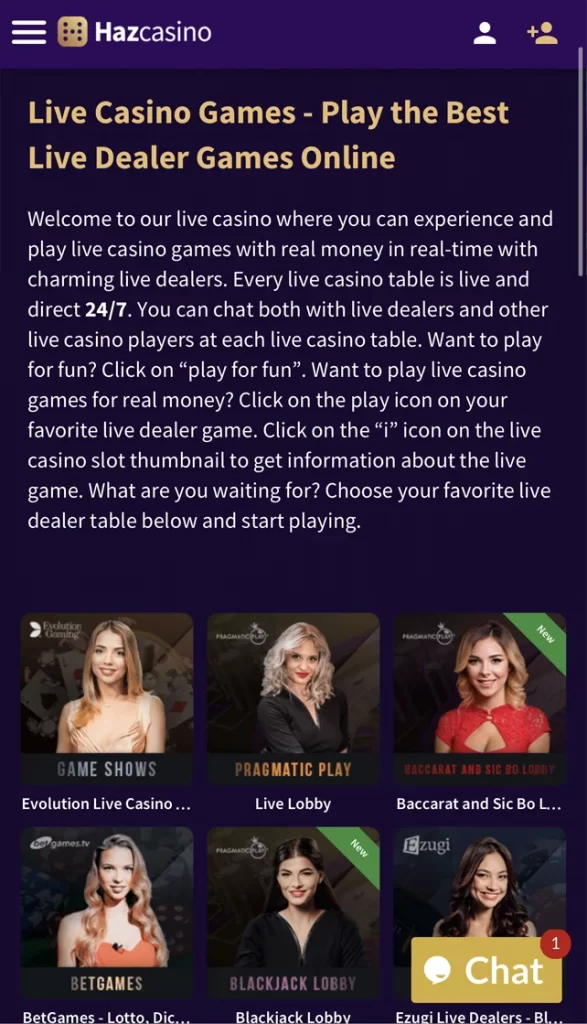 Mobile Version Live Casino Page
