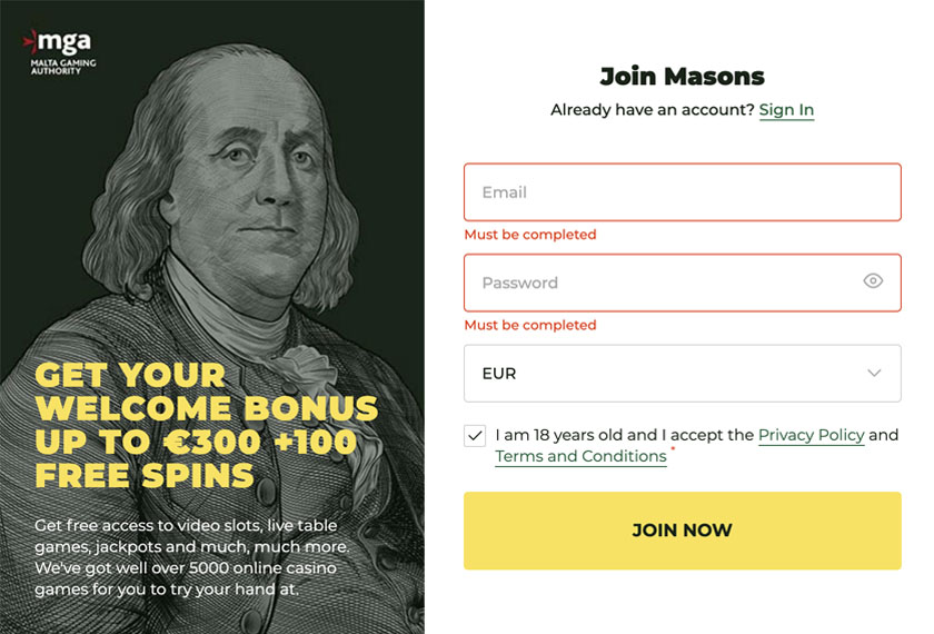 Mason Slots Casino Registration Process