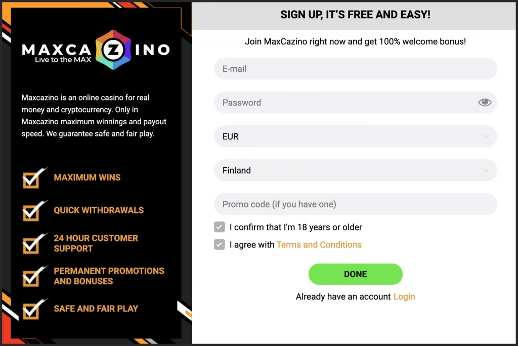 Profile Registration at MaxCazino Online Casino