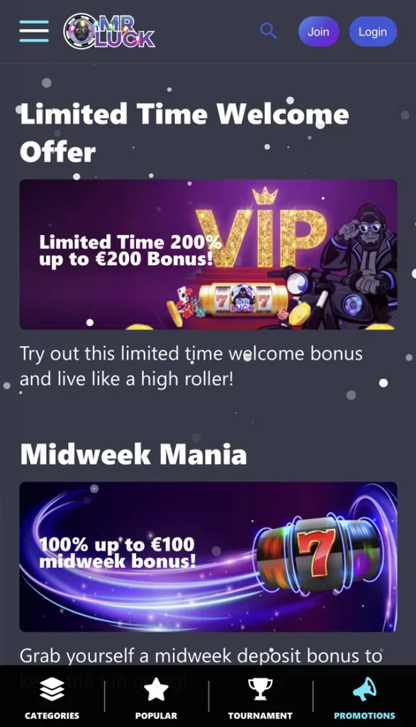 Mobile Version Bonuses Page
