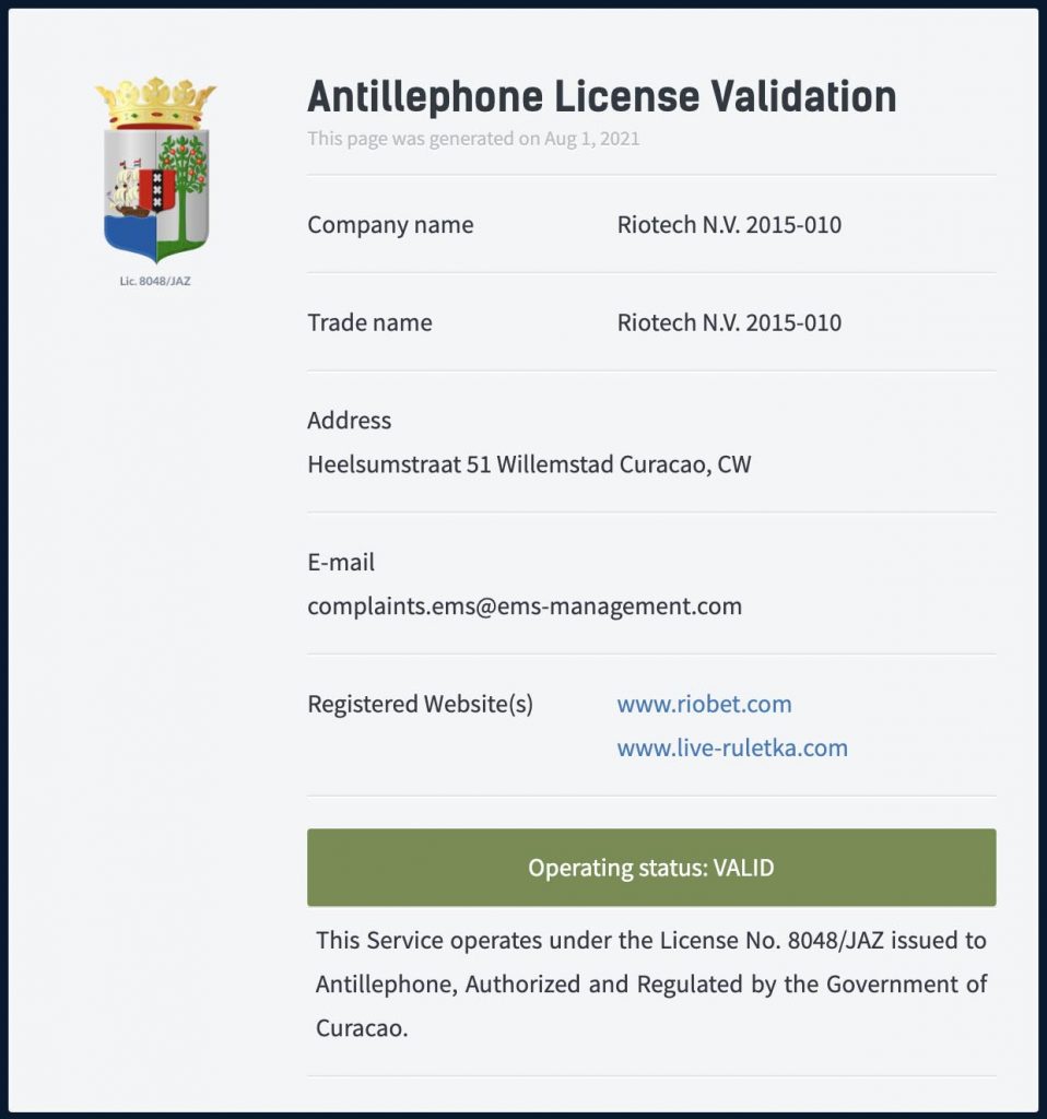 Information on Riobet License