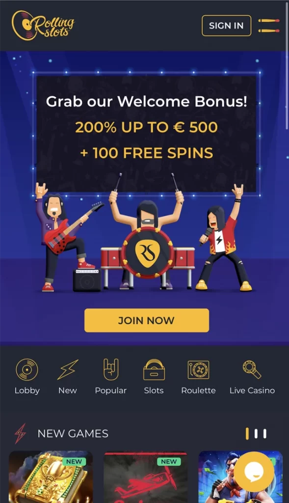 Rolling Slots Online Casino Mobile Version Home Page