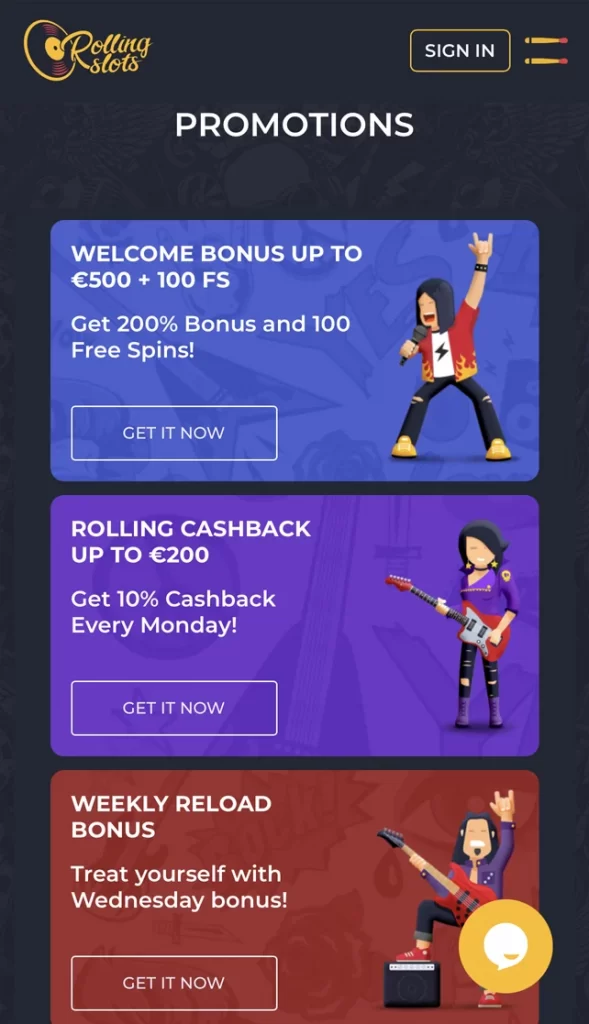 RollingSlots Online Casino Mobile Version Promotions page