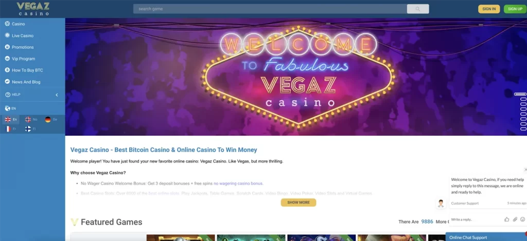 Vegaz Casino Features