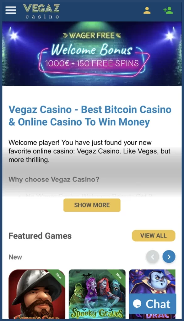 Vegaz Online Casino Mobile Version Home Page