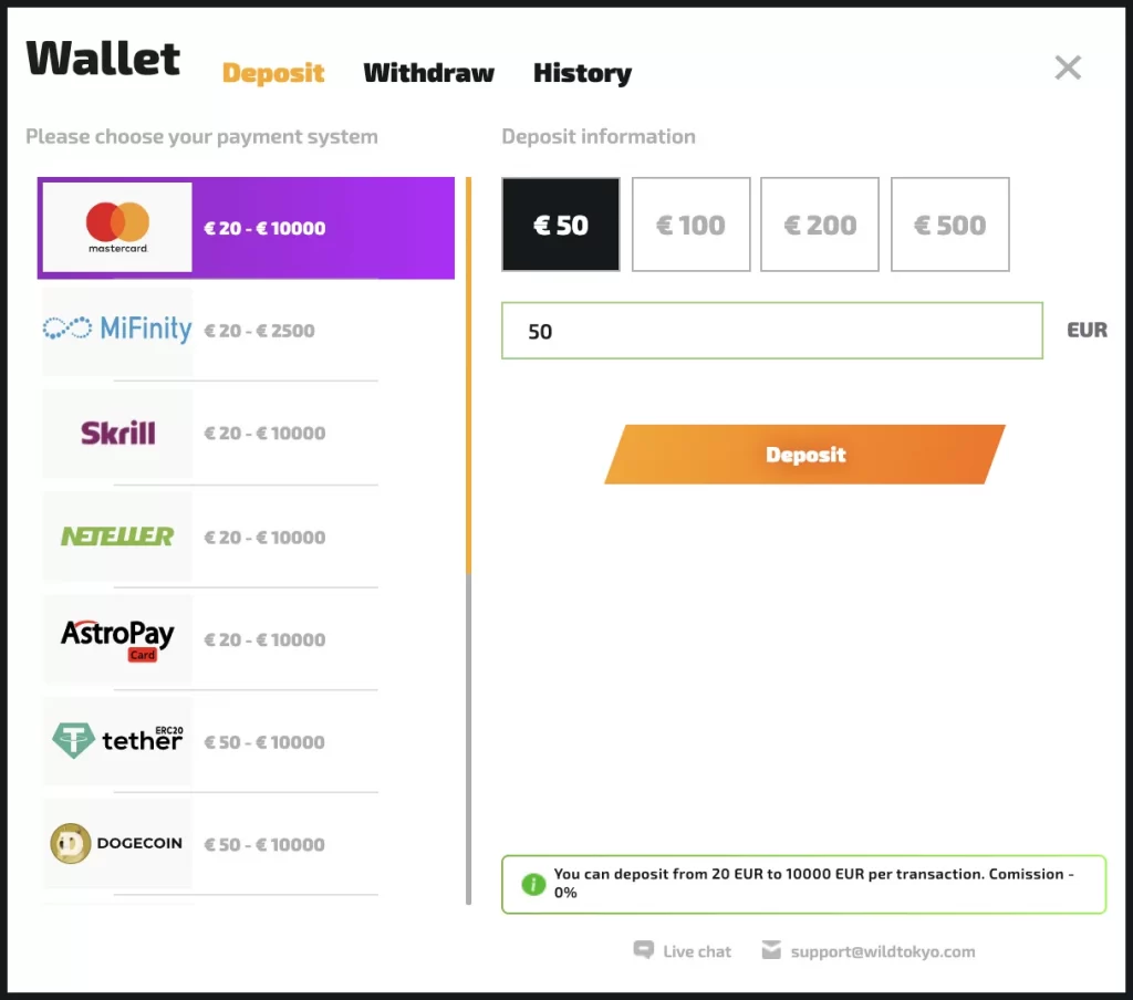 WildTokyo Online Casino Deposit Methods