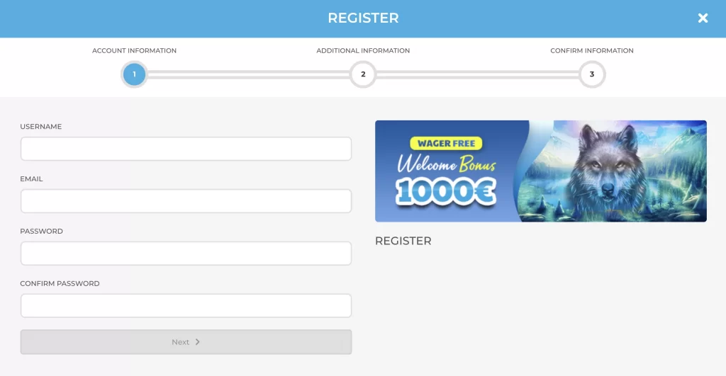 Profile Registration at Wolfy Casino