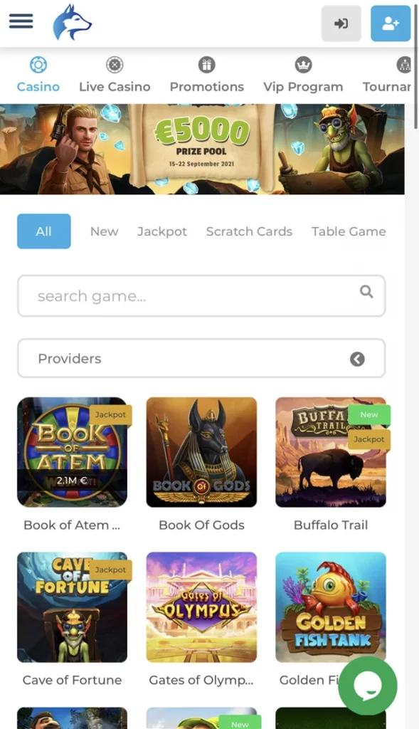 Wolfycasino Mobile Games page