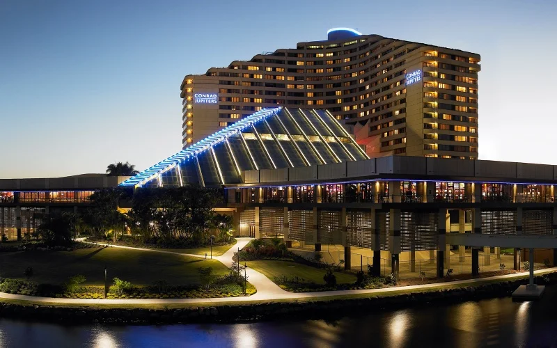 Jupiters Hotel casino building filmed in the evening
