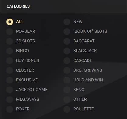 1xSlots Casino Games Categories