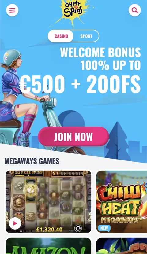 OhMySpins Mobile Casino Home Page