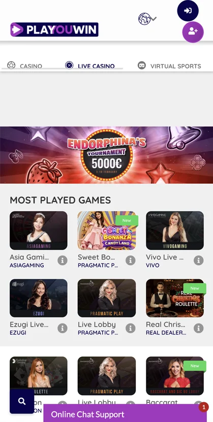 PlayYouWin Mobile Casino Home Page