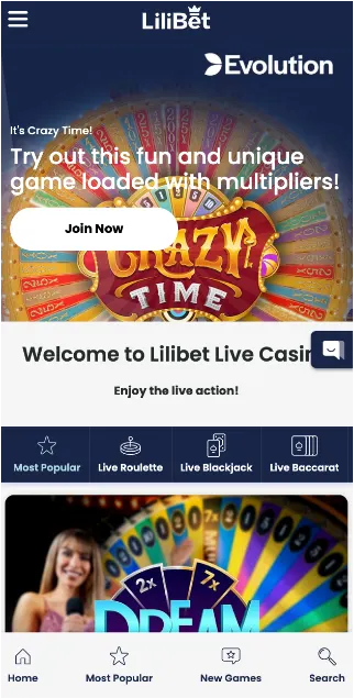 LiliBet Casino Mobile Home Page