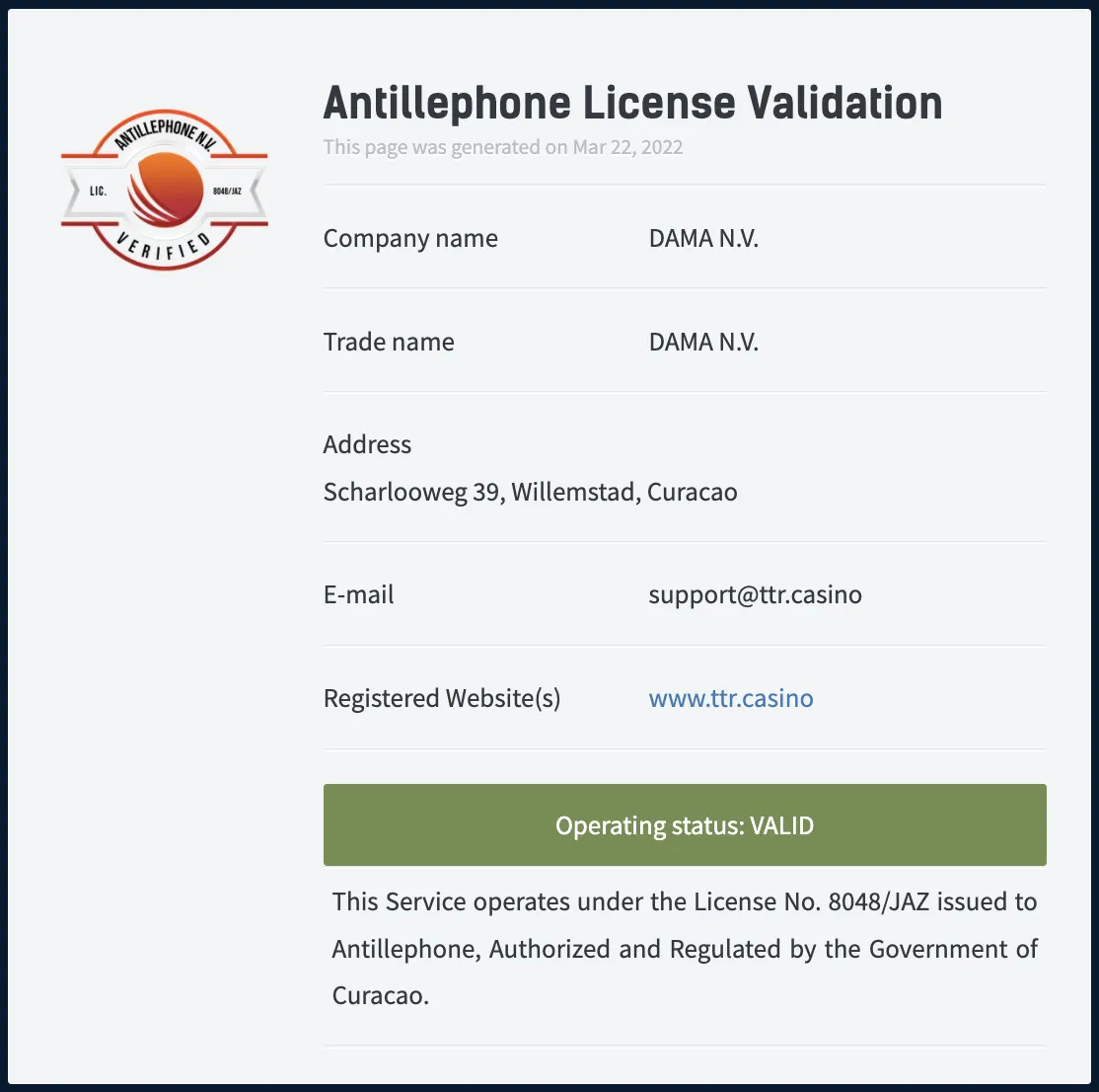 TTR Casino Antillephone License Validation