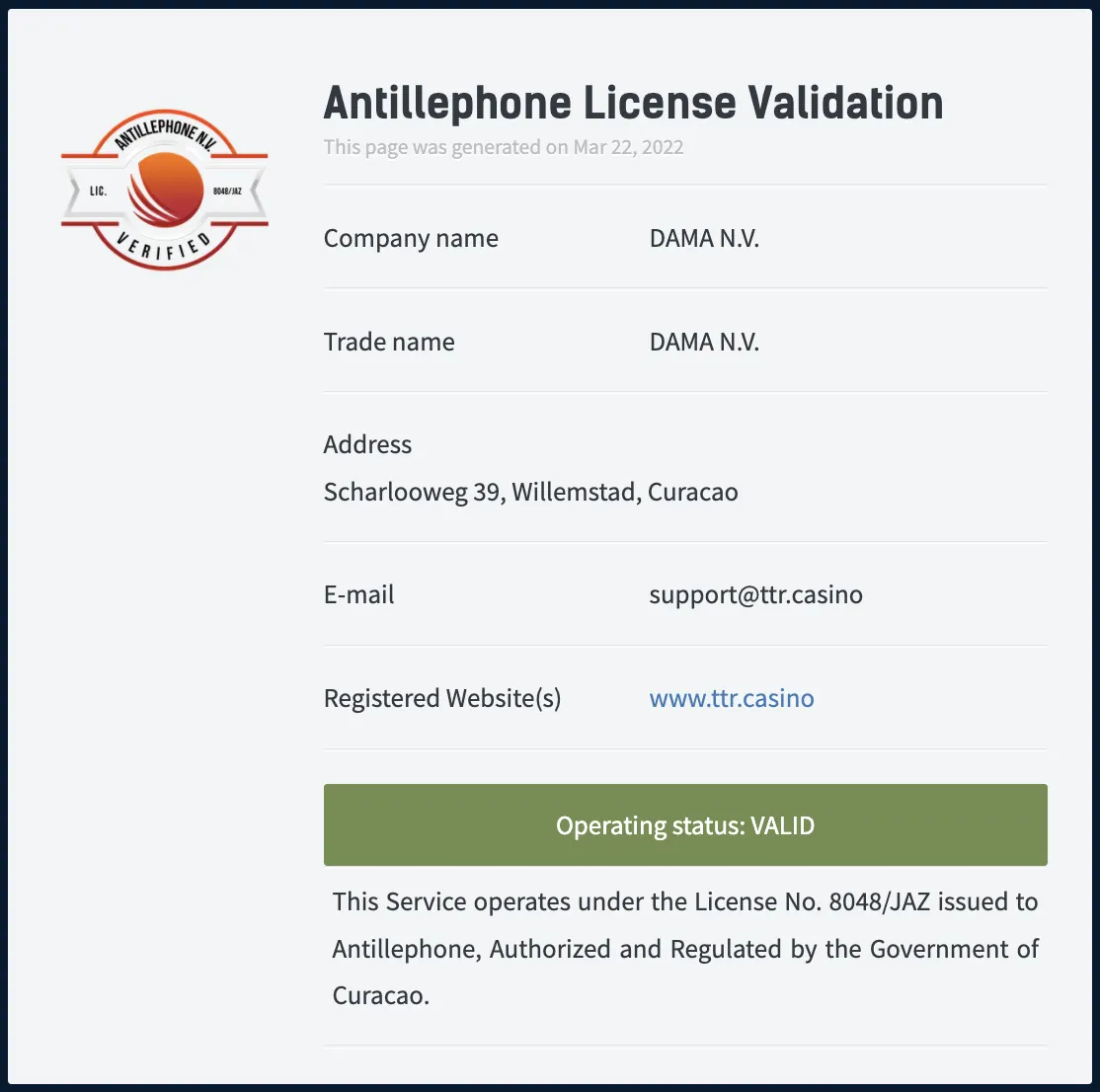 TTR Casino Antillephone -lisenssin validointi
