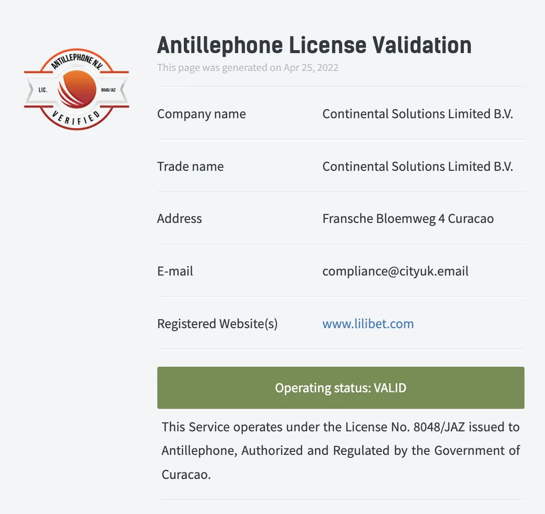 Lilibet Casino Antillephone License Validation
