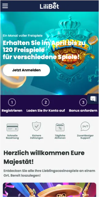 Die Startseite der mobilen Version des Casinos