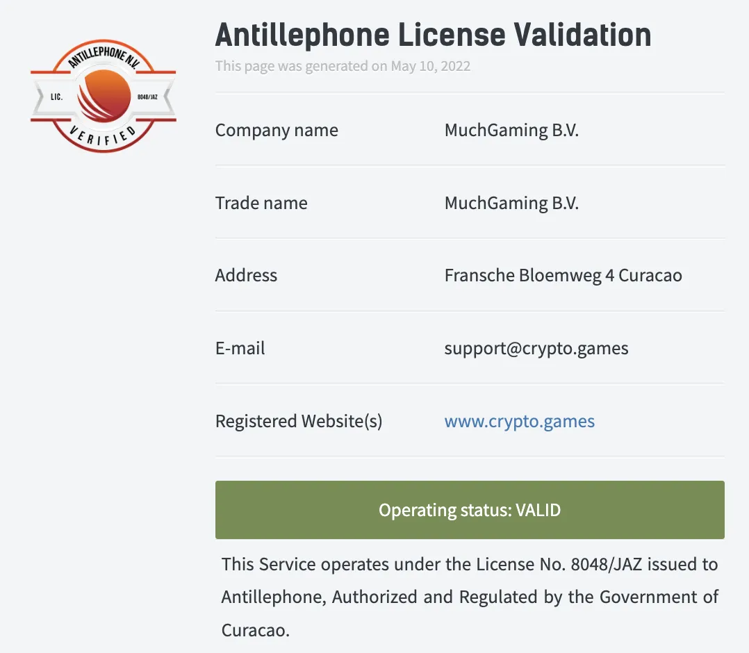 Cryptogames casino Antillephone License Validation