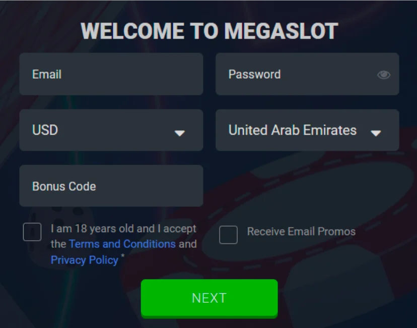 Registration at Megaslot Casino