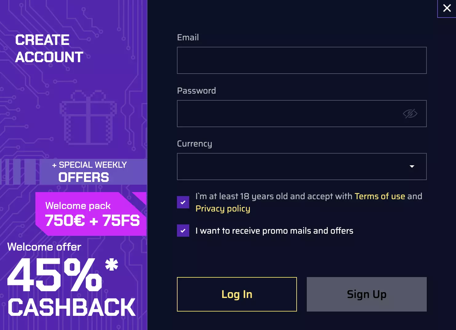 Registration at JustBit Casino