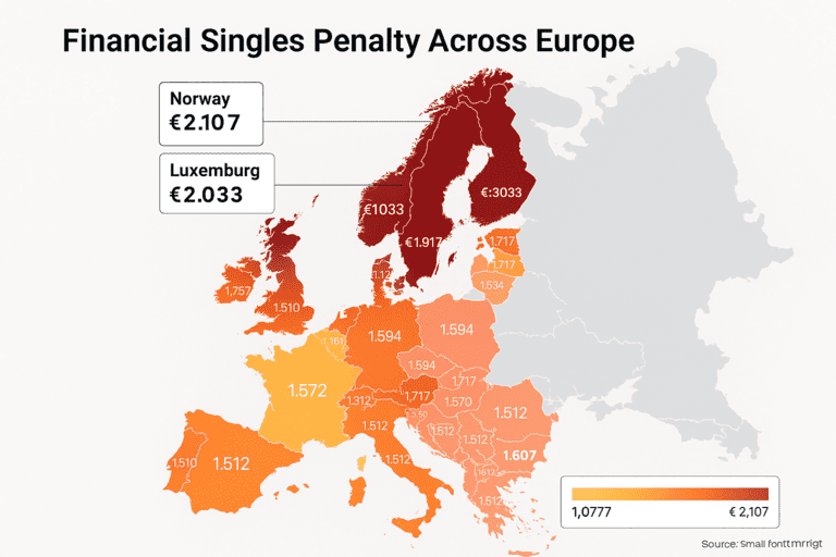 Mapa de penalización financiera para solteros en Europa